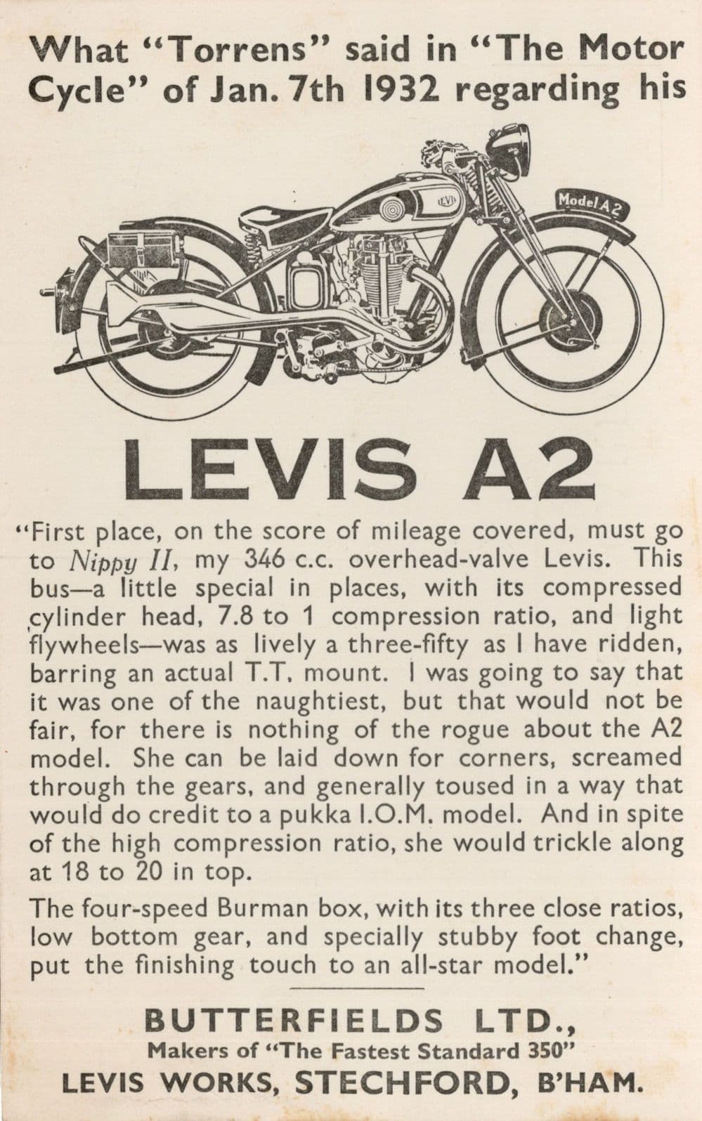 Levis TT Motorcycle Antique Birmingham Factory 1932 Advertising Postcard
