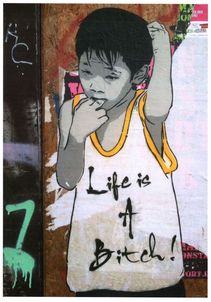 Life Is A Bitch Chinese Asian Child Rebel Graffiti Street Art Postcard