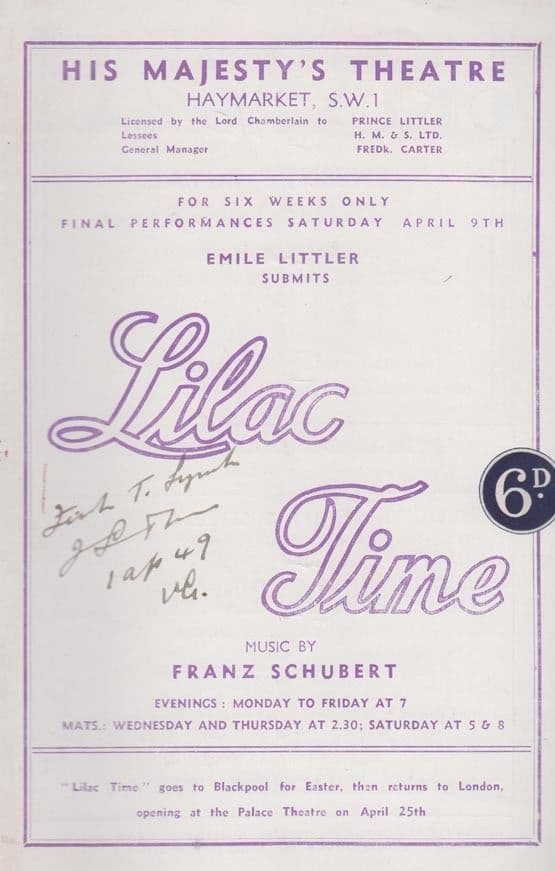 Lilac Time His Majestys Theatre Musical Programme