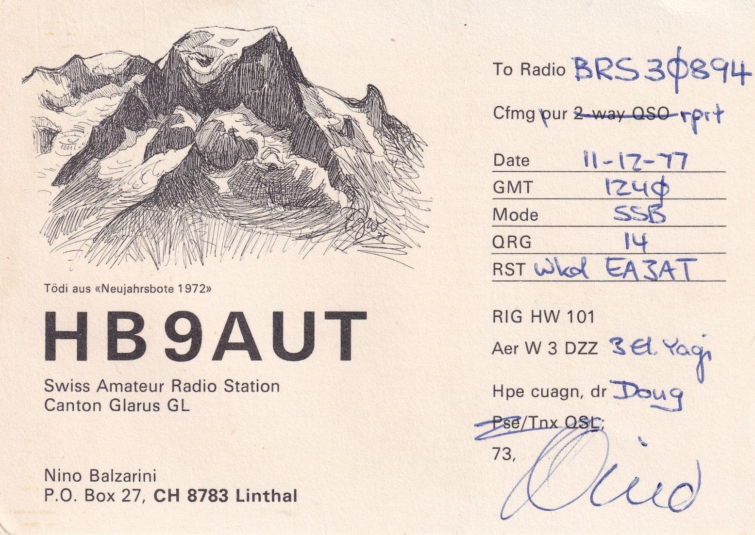 Linthal Canton Glarus Switzerland Amateur Radio Station 1970s QSL Card