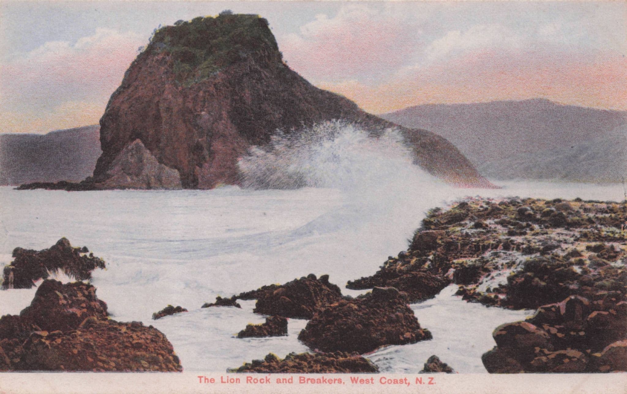 Lion Rock & Breakers West Coast New Zealand Rare Old Postcard