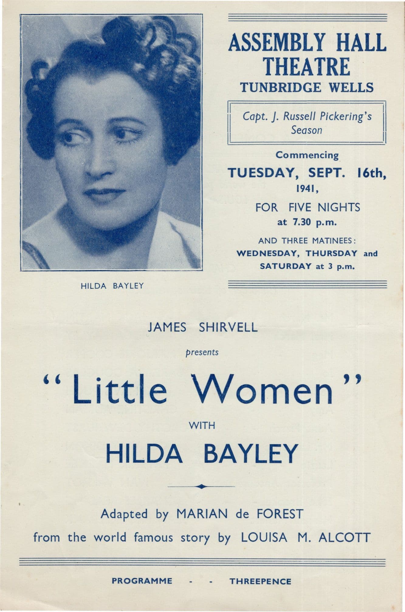 Little Women Hilday Bayleyof Cocaine WW2 Tunbridge Wells Kent Rare Theatre Programme