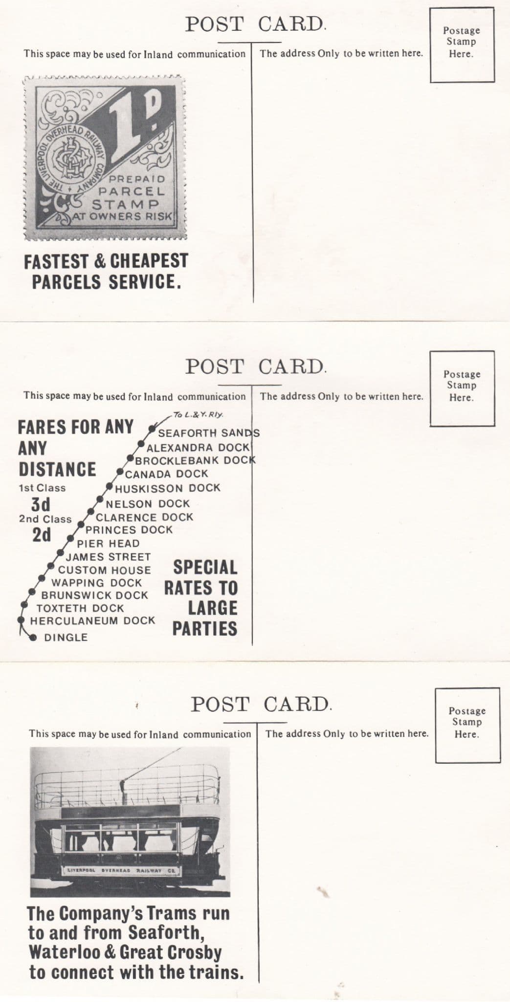 Liverpool Overhead Railway Tram Poster Fare Chart Stamp Train 3x Postcard s