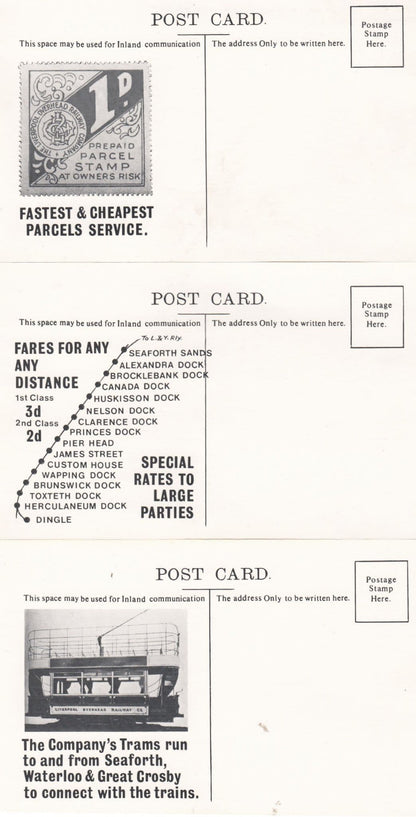 Liverpool Overhead Railway Tram Poster Fare Chart Stamp Train 3x Postcard s
