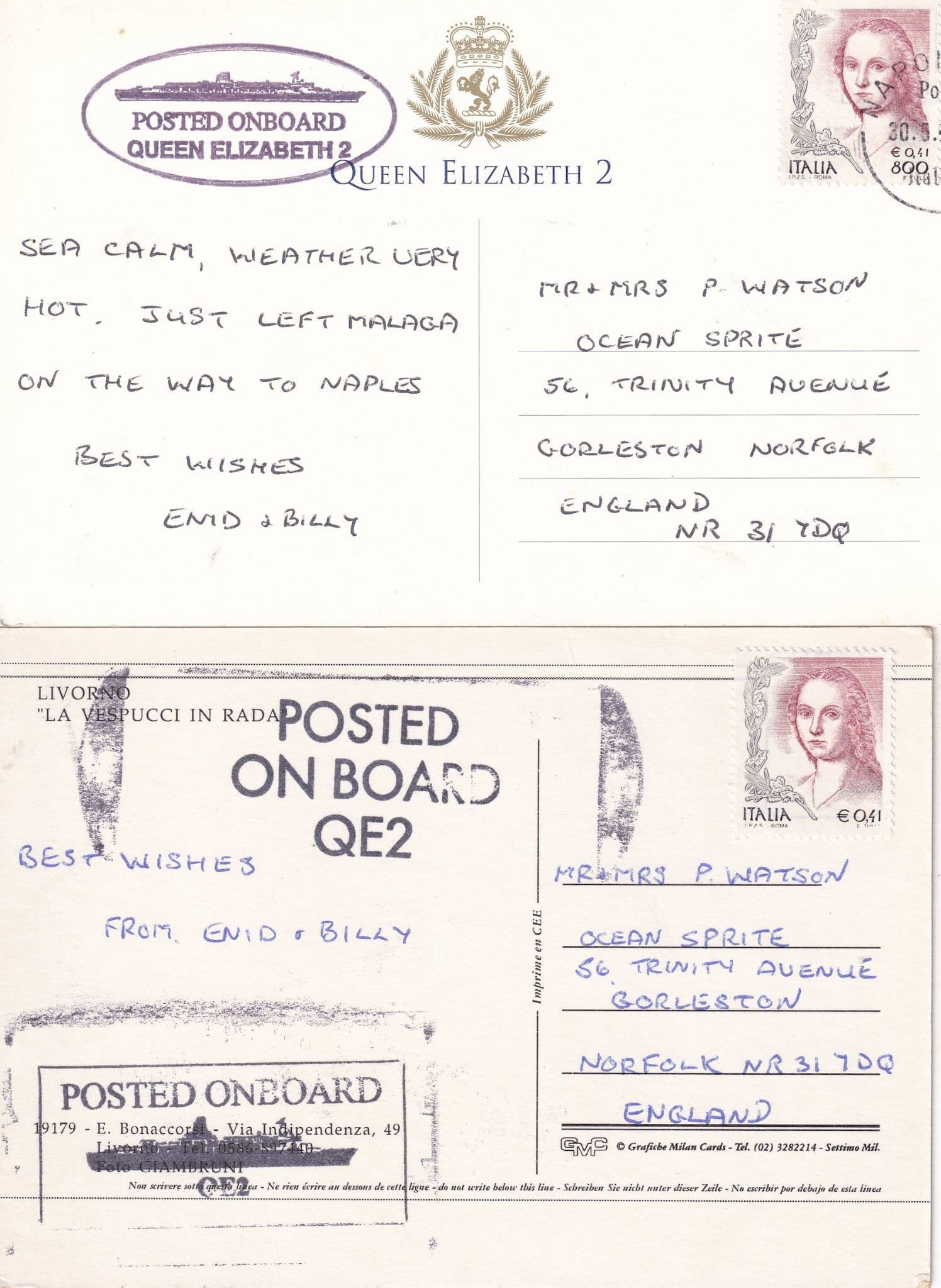 Livorno Ship in Rada Italy Posted On Board The QE2 2x Postcard