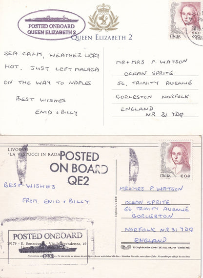 Livorno Ship in Rada Italy Posted On Board The QE2 2x Postcard