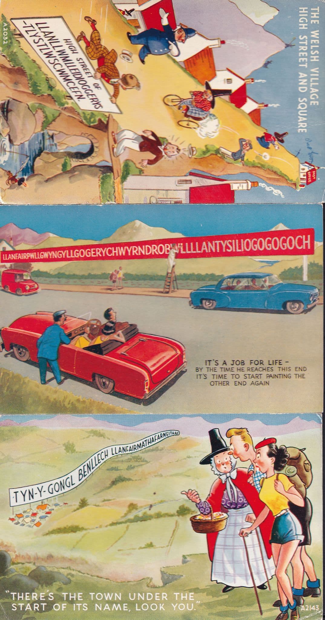 Llanfair Long Name Wales Welsh Police Train 3x Comic Postcard s