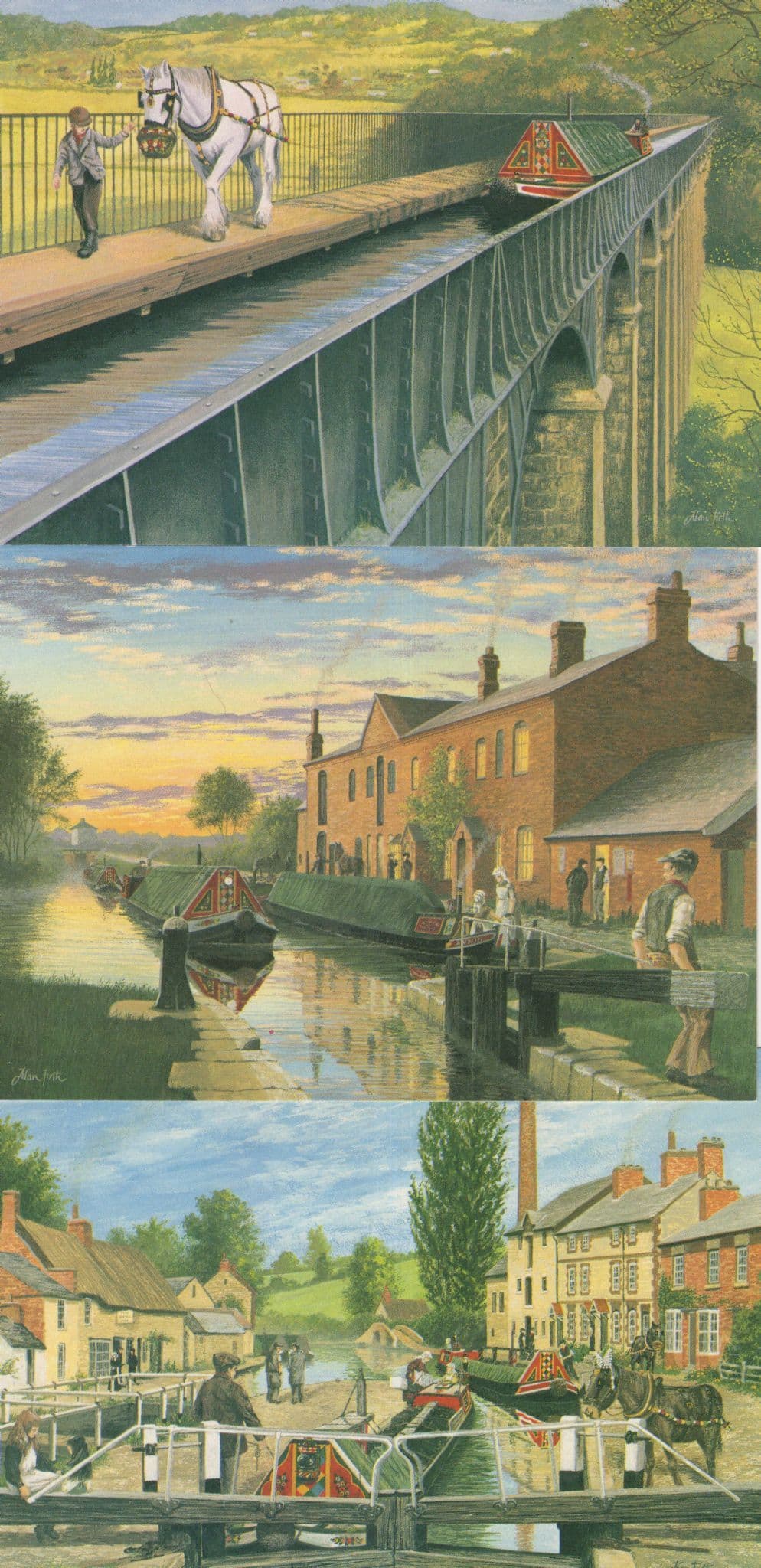 Llangollen Trent & Mersey Grand Union Canal 3x Painting Postcard s