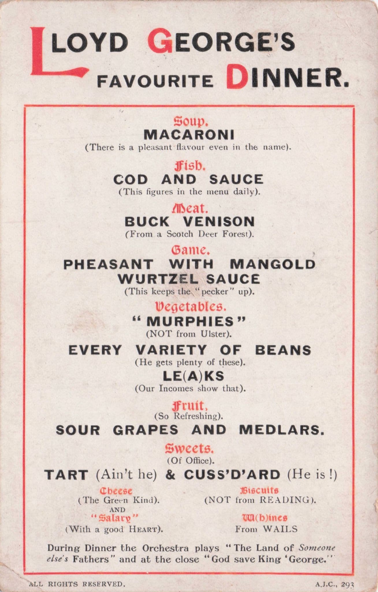 Lloyd George Old Prime Minster WW1 Politicians Dinner Menu Postcard