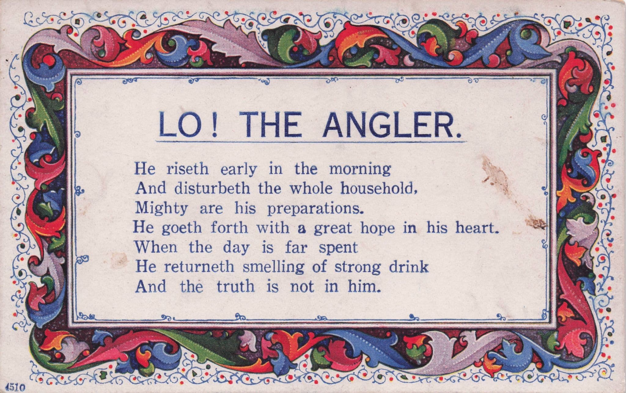 Lo The Angler Fisherman Alcohol Breath Old Poetry Postcard