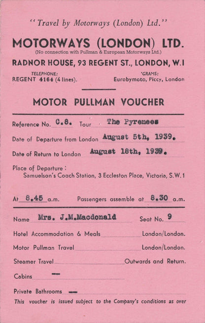 London Motorways Pullman Travel Transport 1939 WW2 Card