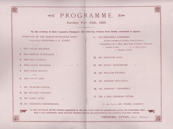 London New Lyric Club Hungarian Band Victorian 1895 Theatre Programme