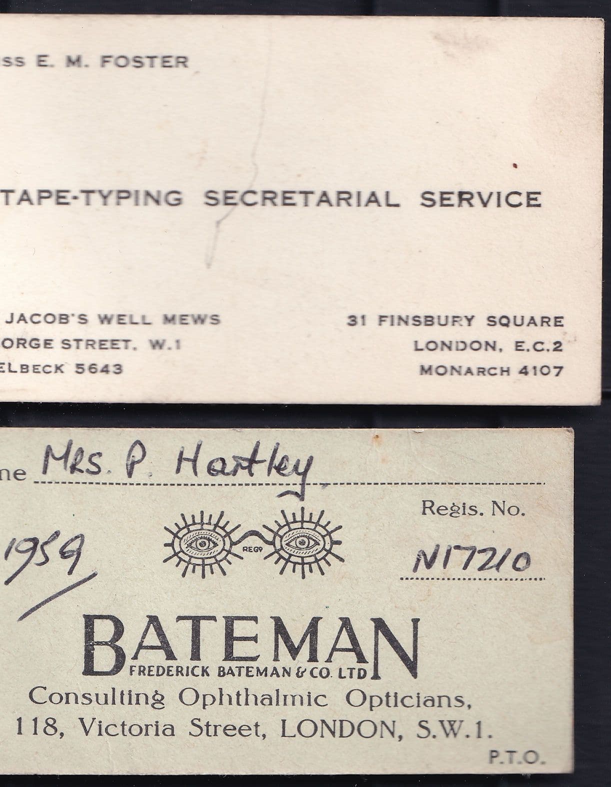 London Opticians Secretary 2x Antique Advertising Business Card s