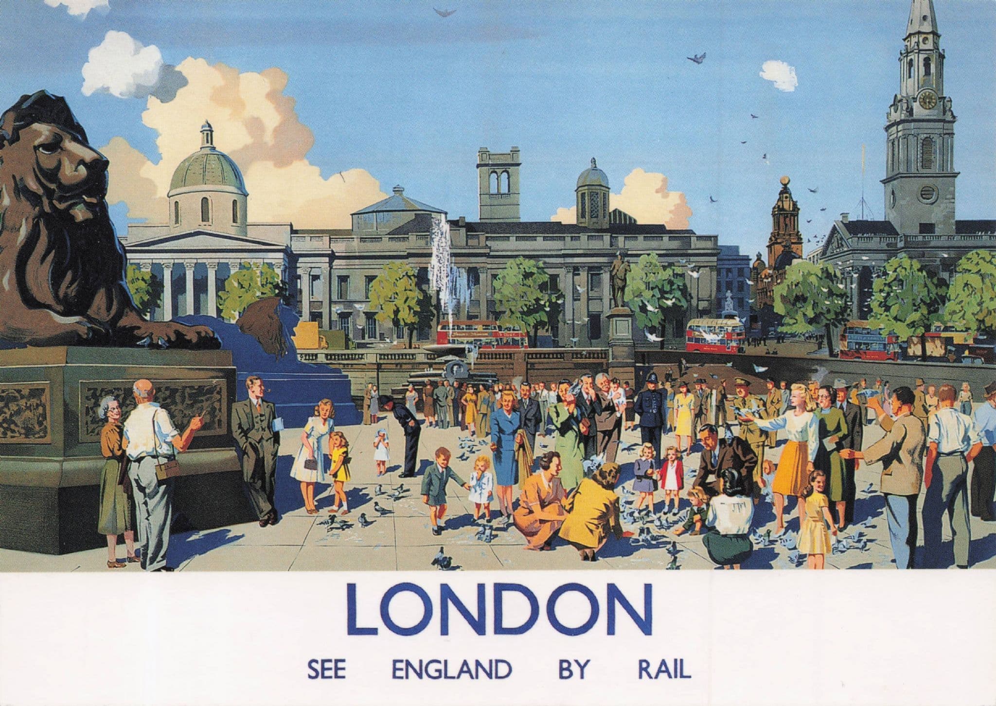 London See England By Rail Trafalgar Square 1950s Travel Poster Postcard