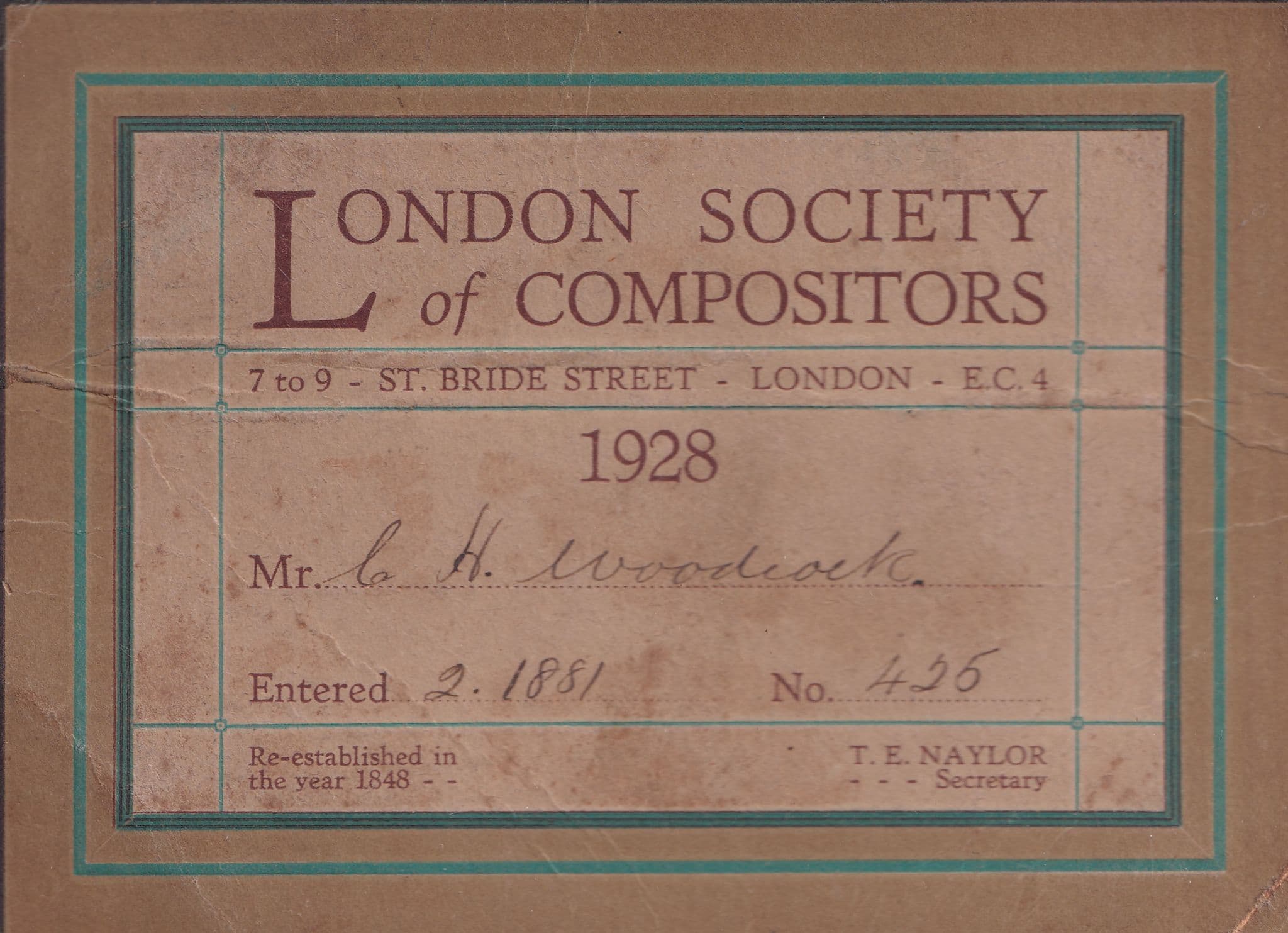 London Society Of Compositors 1928 Membership Card Victorian Joined