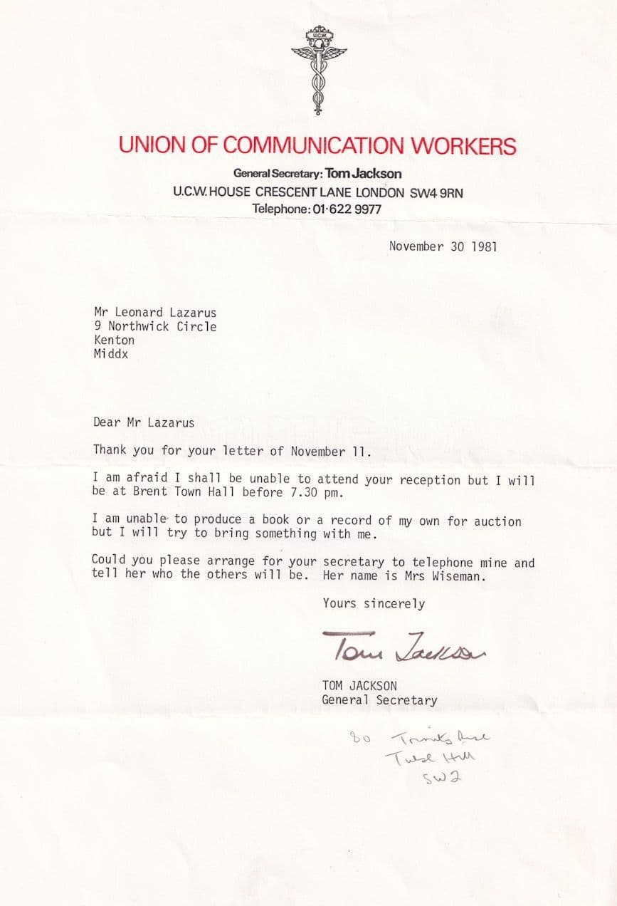 London Union Tom Jackson Royal Mail Strike Leader Hand Signed Letter