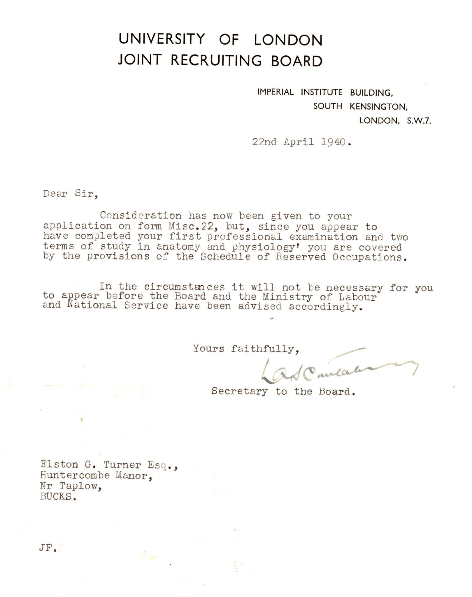 London University 1940 WW2 Hand Signed Anatomy Studies Letter