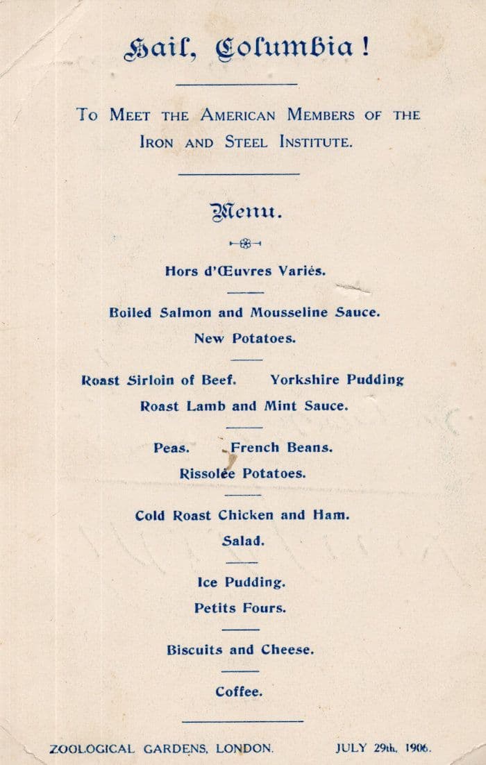 London Zoo 1906 Multi Hand Signed Dinner Menu USA Iron Steel Institute