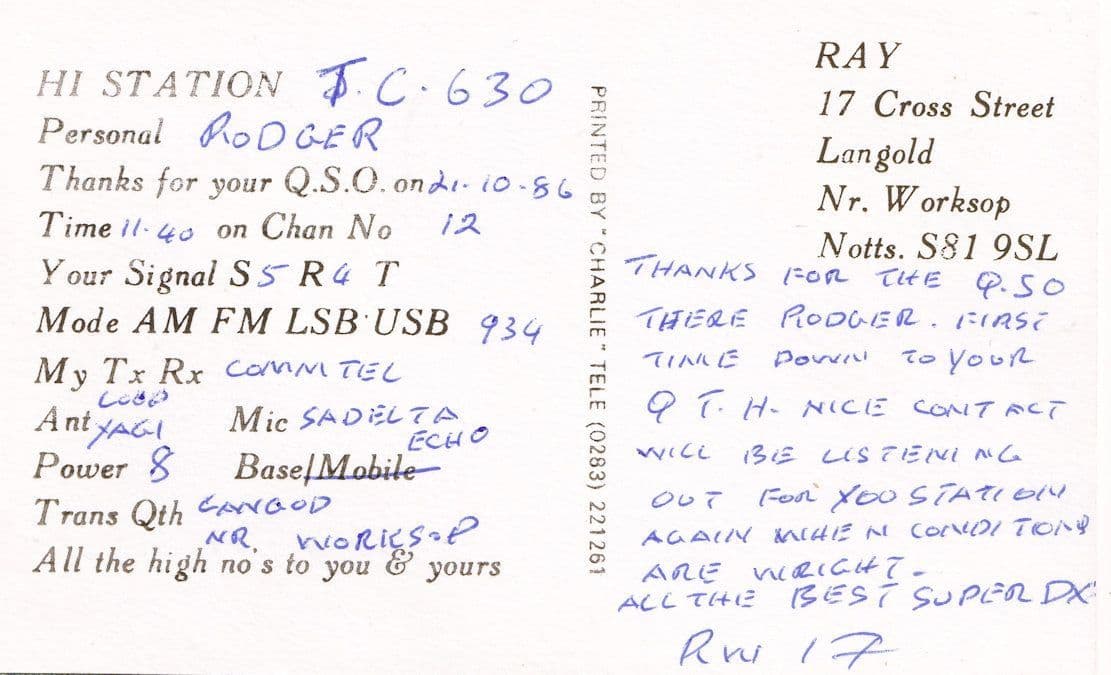 Longold Worksop Nottingham Friendship In Radio QSL Card