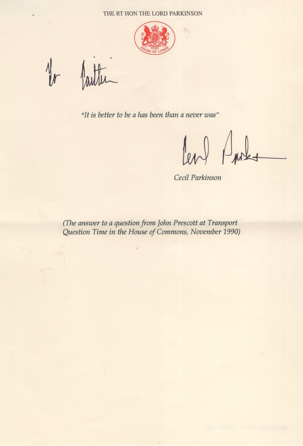 Lord Cecil Parkinson Conservative MP Hand Signed House Of Lords Letter