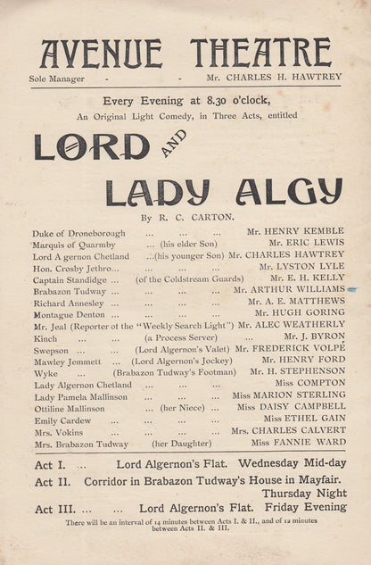 Lord & Lady Algy Mayfair London Victorian Comedy Avenue Theatre Programme