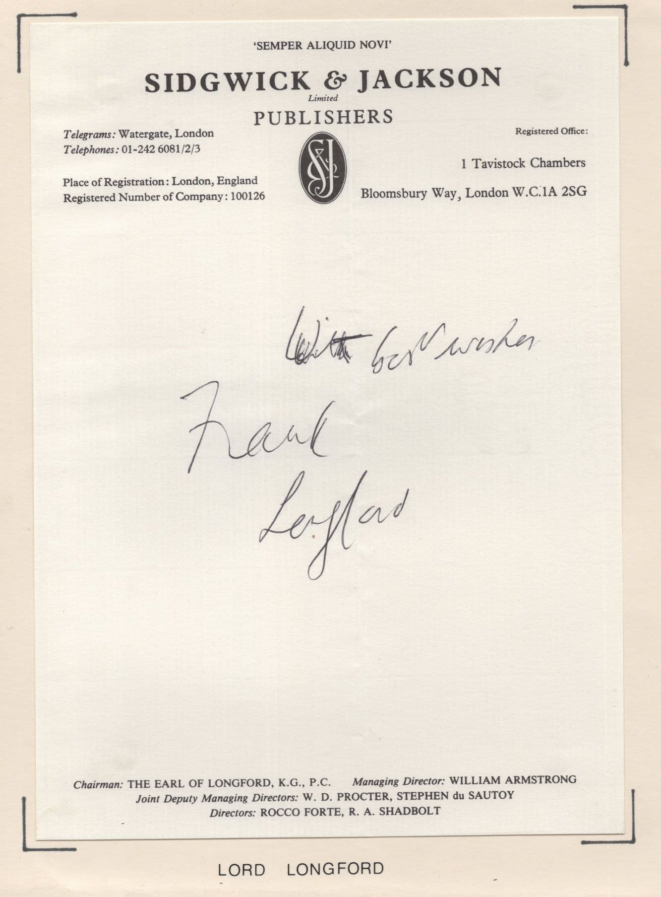 Lord Longford Hand Signed Letter & 1969 NASA Astronauts Photo Reverse