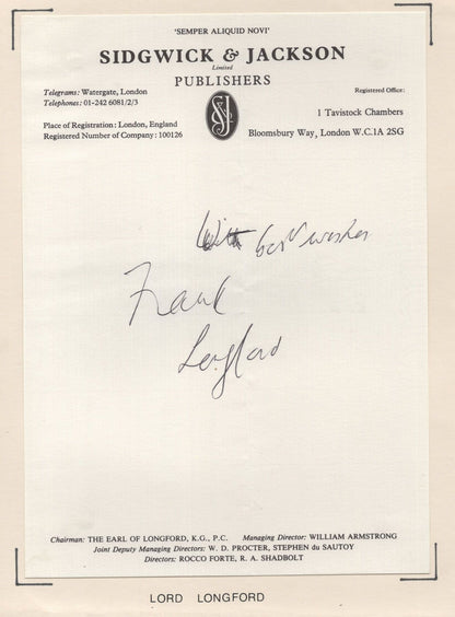 Lord Longford Hand Signed Letter & 1969 NASA Astronauts Photo Reverse