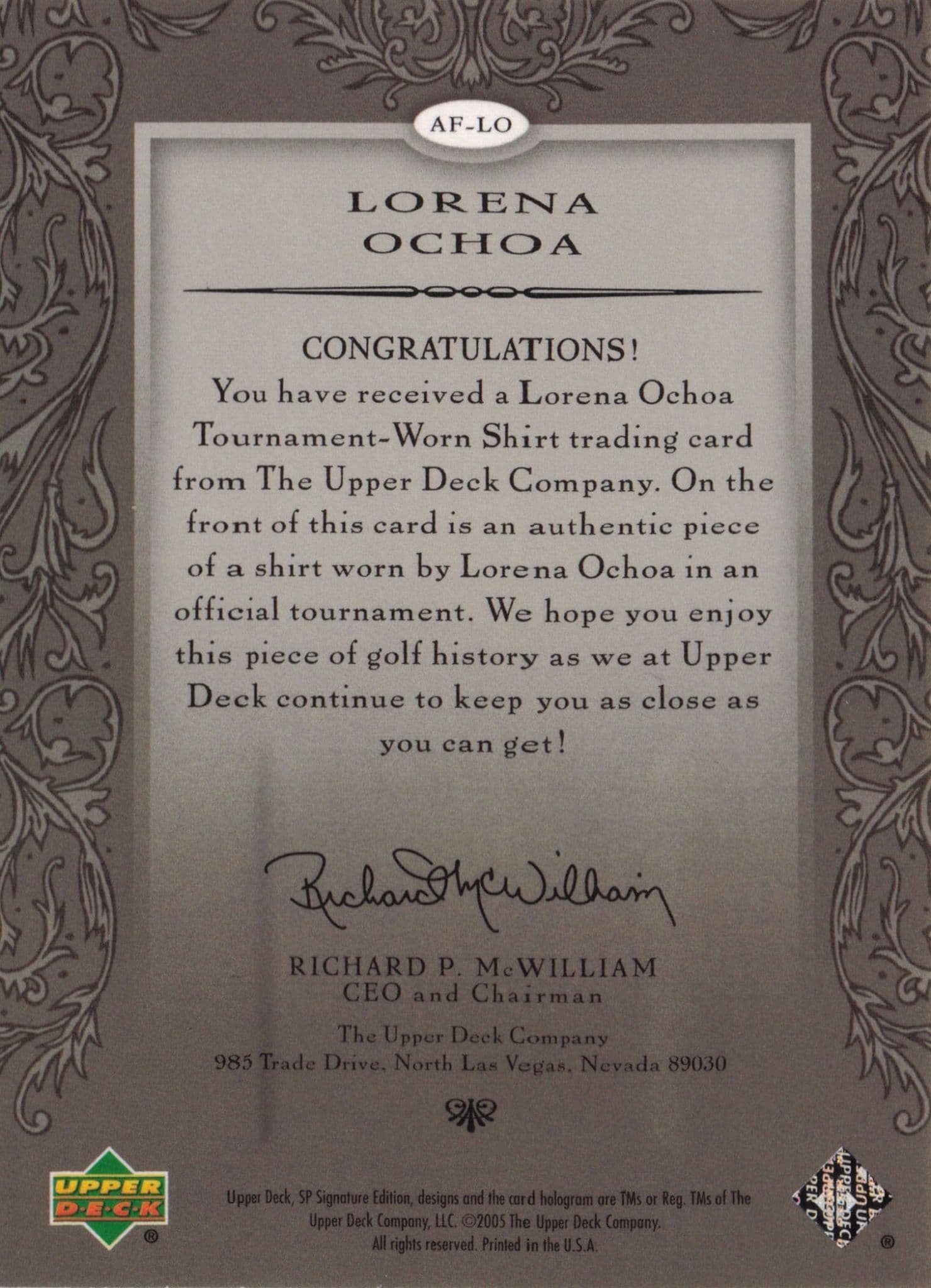 Lorena Ochoa Authentic Fabrics 2005 SP Golf Upper Deck Worn Shirt Card