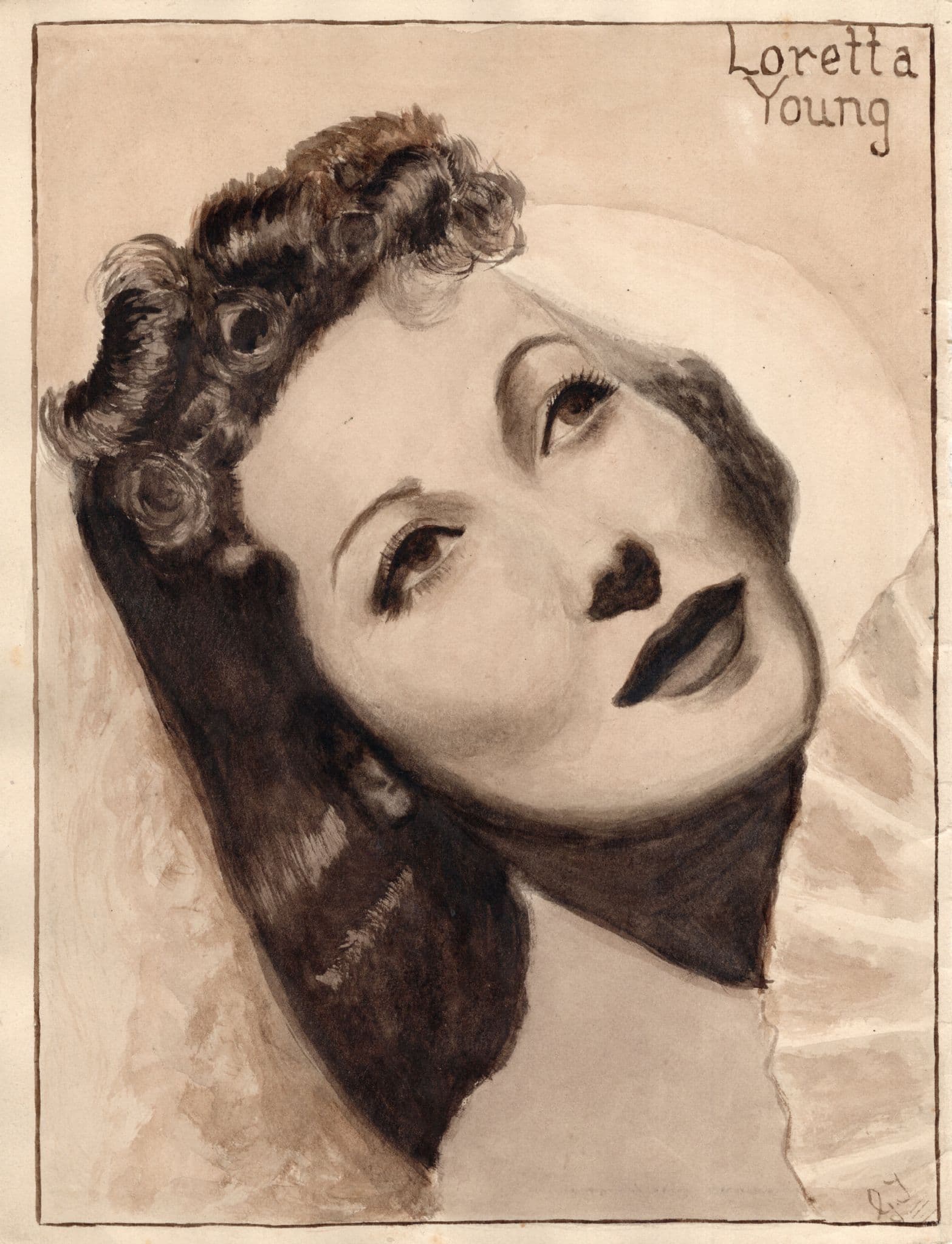 Loretta Young Hollywood Film Actress Large Vintage Hand Art Drawing
