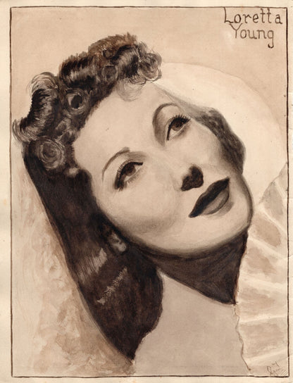 Loretta Young Hollywood Film Actress Large Vintage Hand Art Drawing
