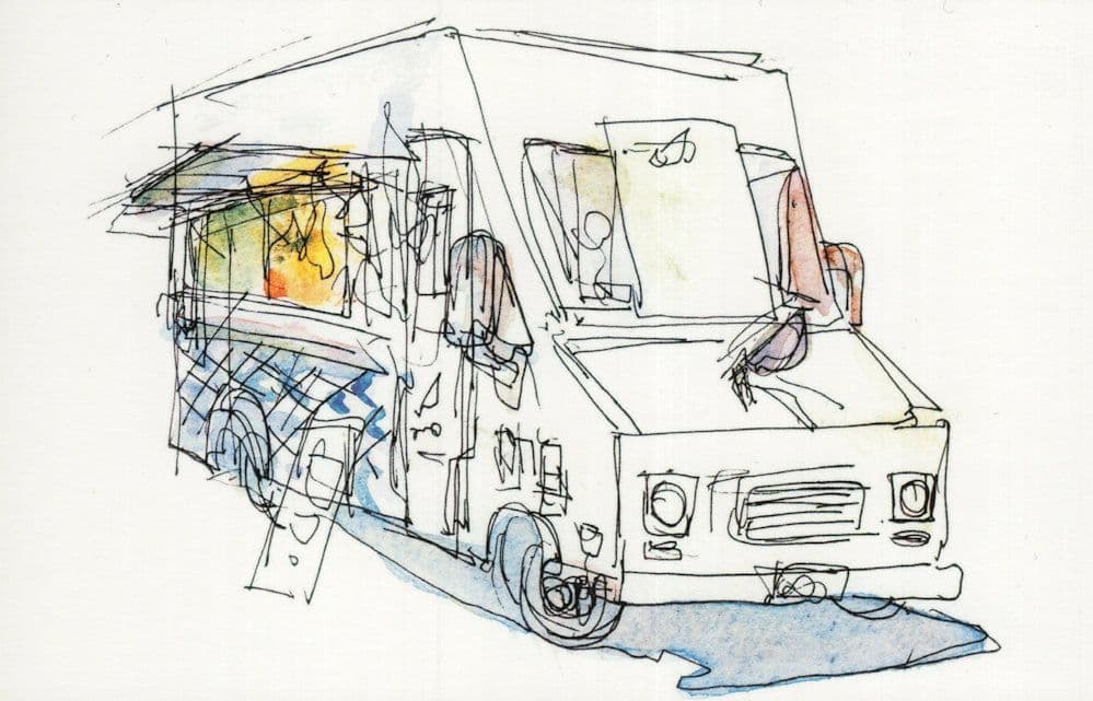 Los Angeles American Snack Burger Van Food Truck Sketch Painting Postcard