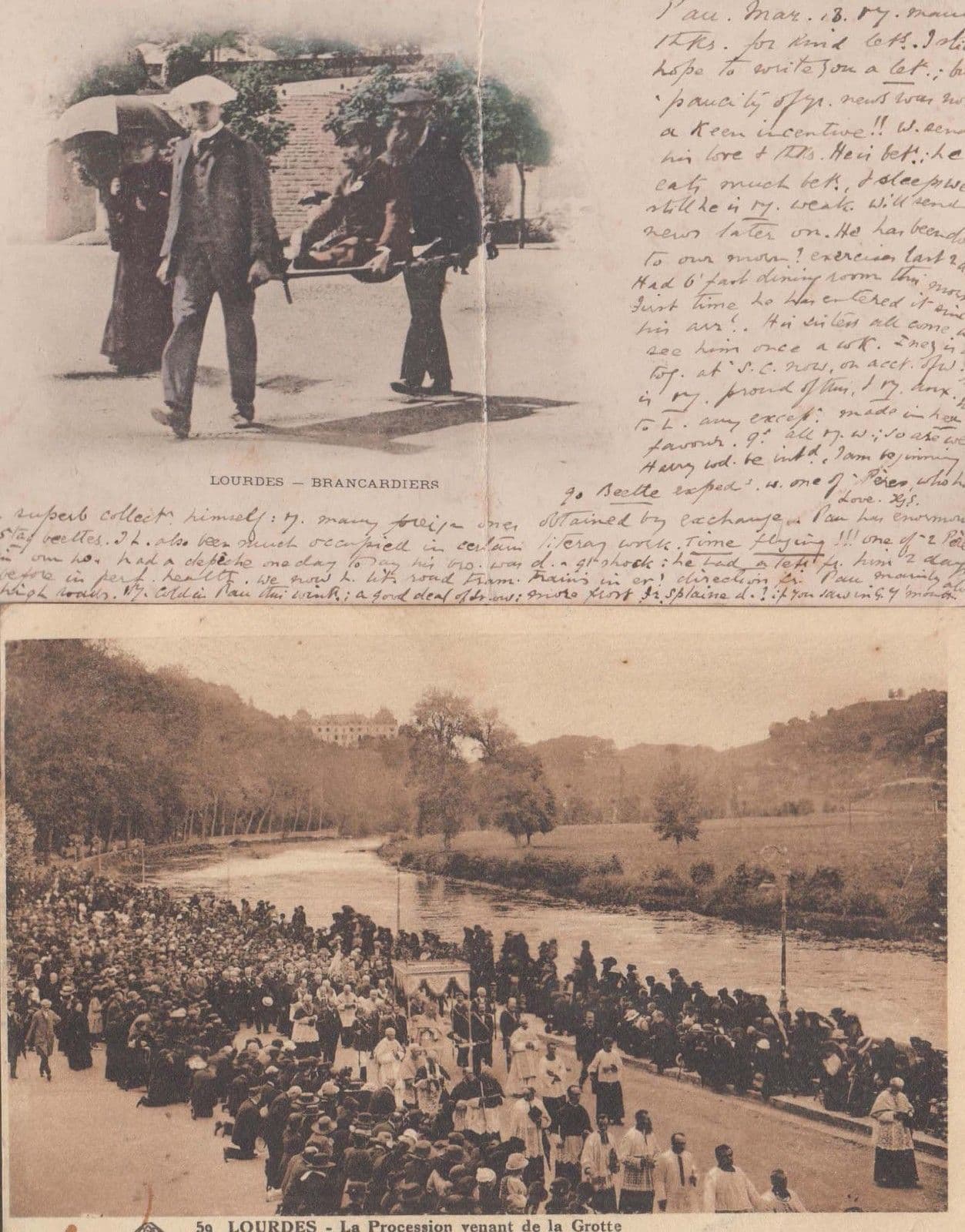 Lourdes Brancardiers with crease + La Procession French France Vintage Postcard