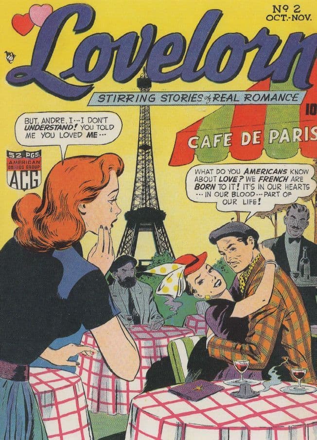 Lovelorn Cafe De Paris French vs USA Best Lovers 1950s Comic Book Postcard