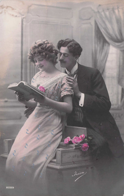 Lovers At Piano Reading Book Secret Code Old French Romantic Glamour Postcard