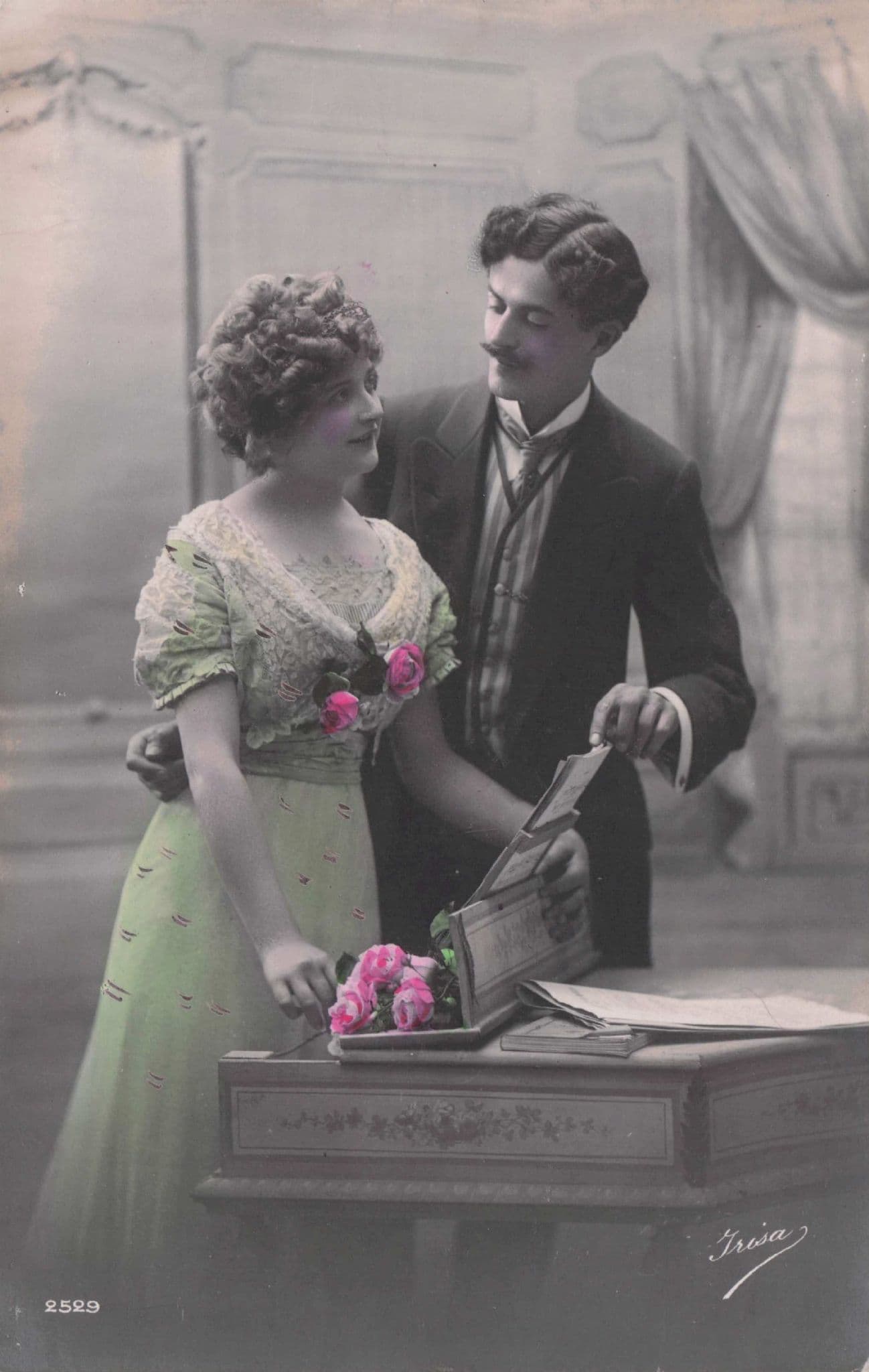 Lovers At Piano Sheet Music Secret Coded Old Romance Postcard