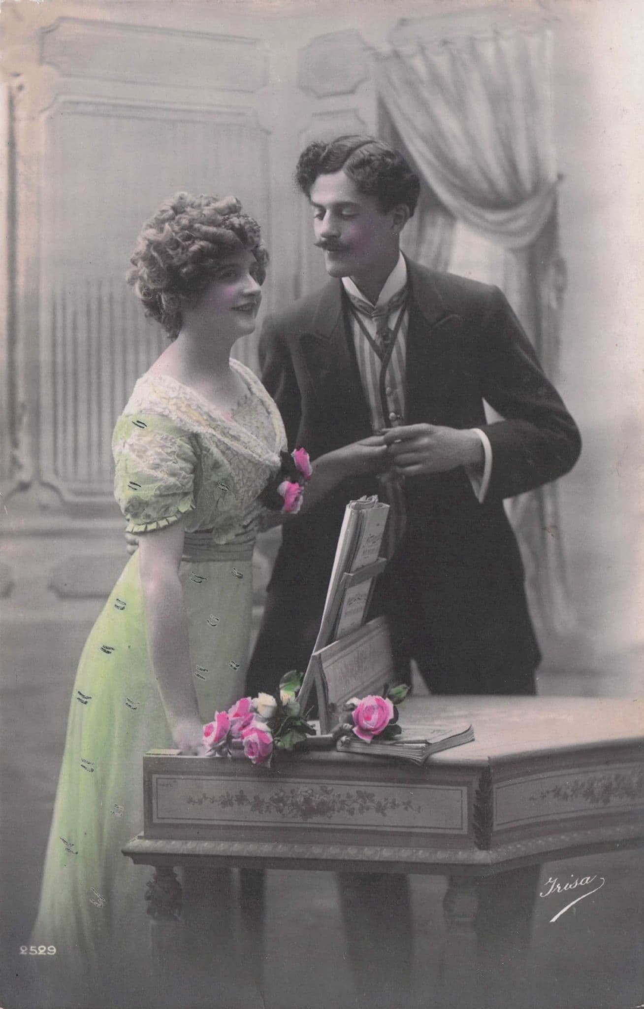 Lovers By Piano Reading Book Secret Code Old Romantic Glamour Postcard
