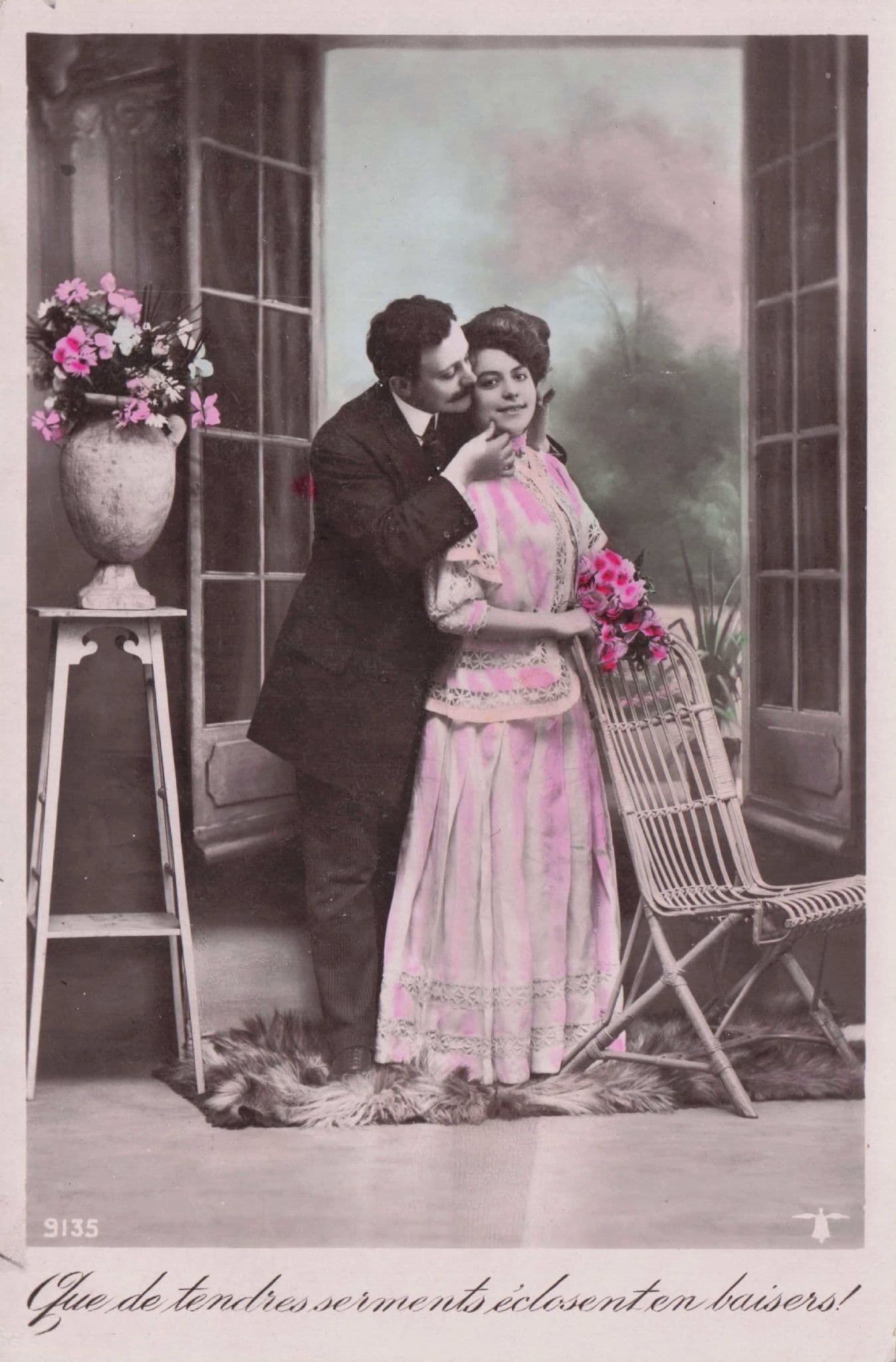 Lovers Flirting On Real Fur Rug Secret Code Glamour Old Romantic Postcard