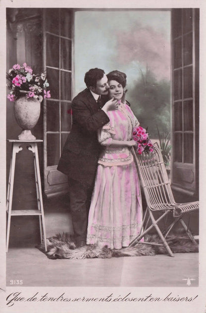 Lovers Flirting On Real Fur Rug Secret Code Glamour Old Romantic Postcard