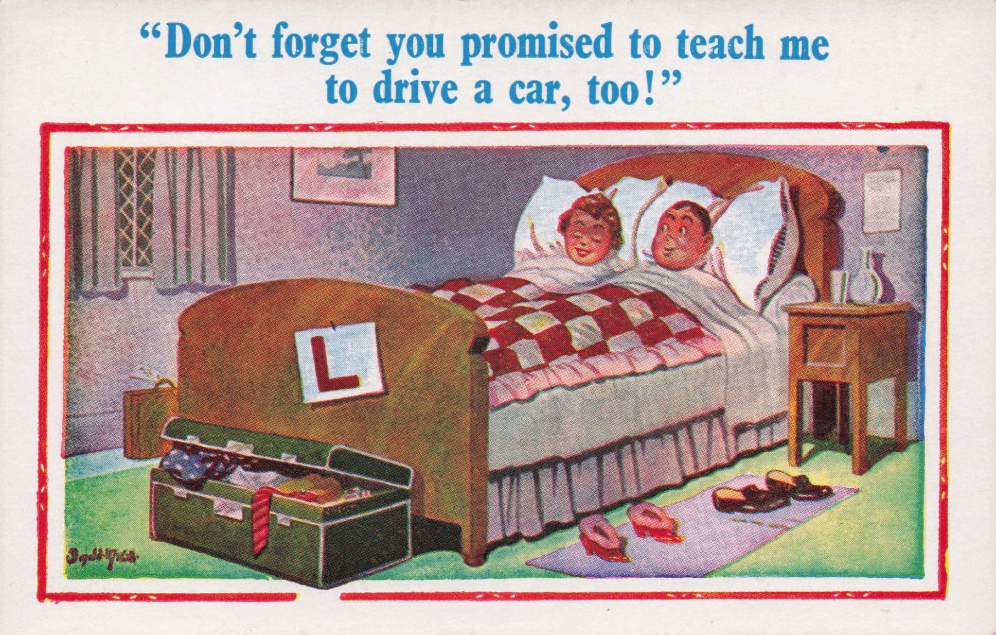 Lovers Honeymoon Hotel Suite Learner Car Driver Comic Old Postcard
