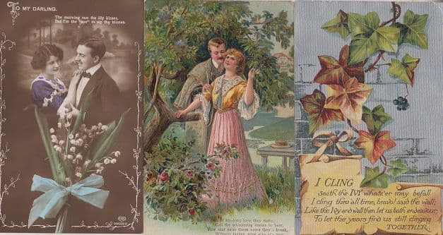 Lovers Mistletoe Christmas Clinging To Ivy 3x Shiny Antique Postcard Bundle
