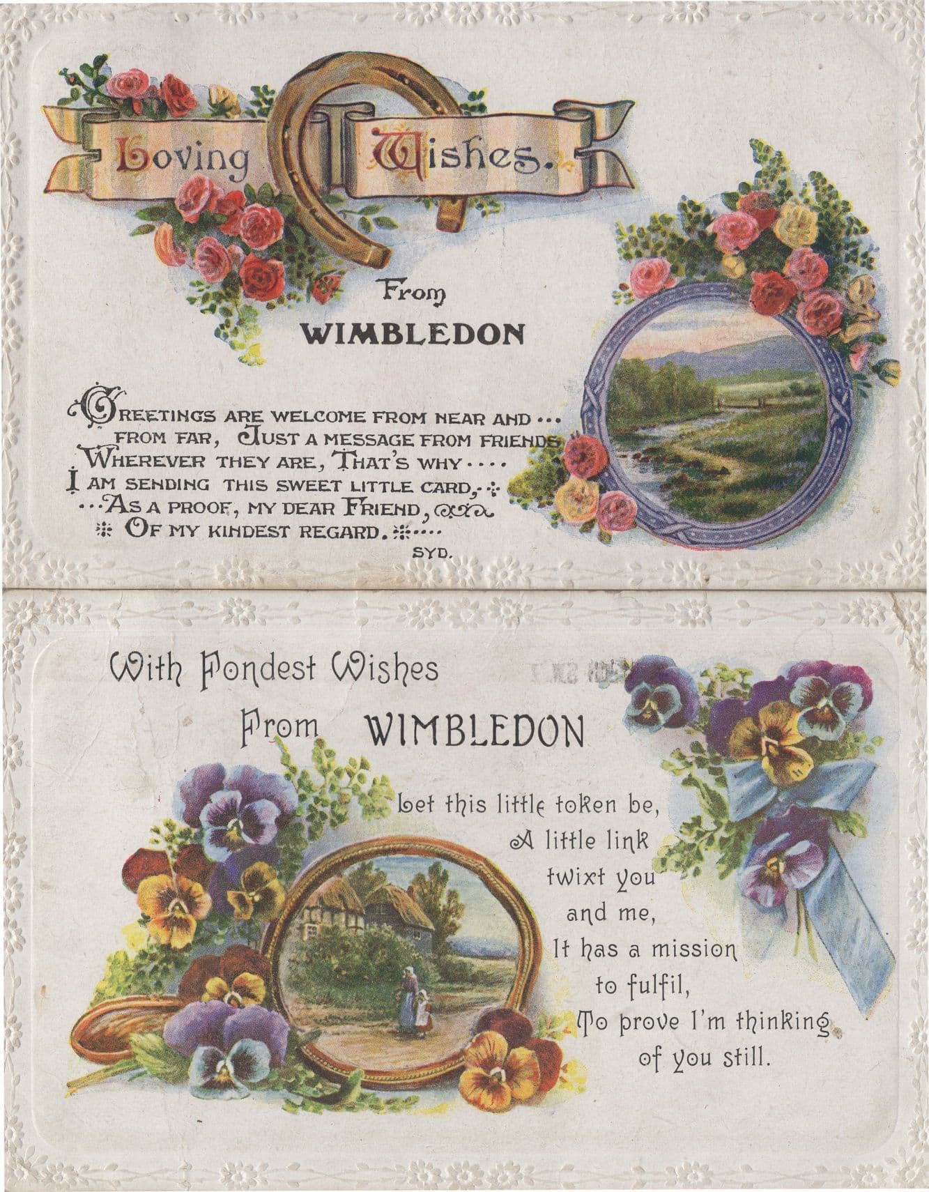 Loving Wishes From Wimbledon London 1920s 2x Old Greeting Postcard