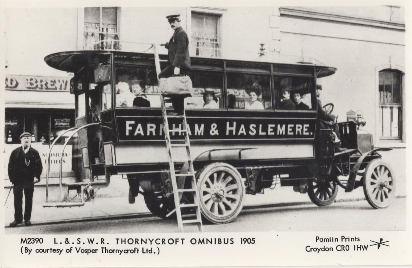LSWR Thornycroft Omnibus Farnham Bus Tram Conductor Climbs Ladder Postcard