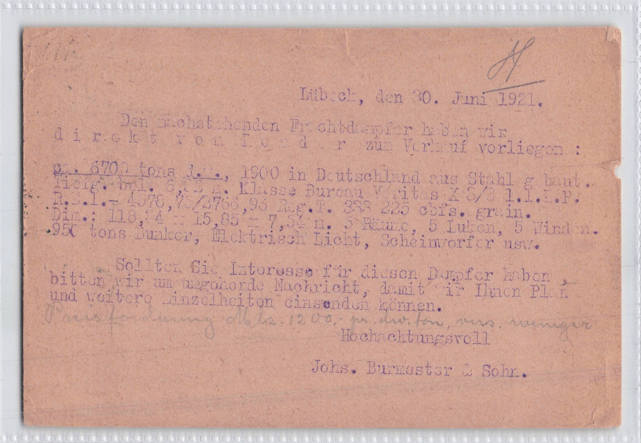 Lubeck Shipping Freight Company Antique German 1921 Postcard
