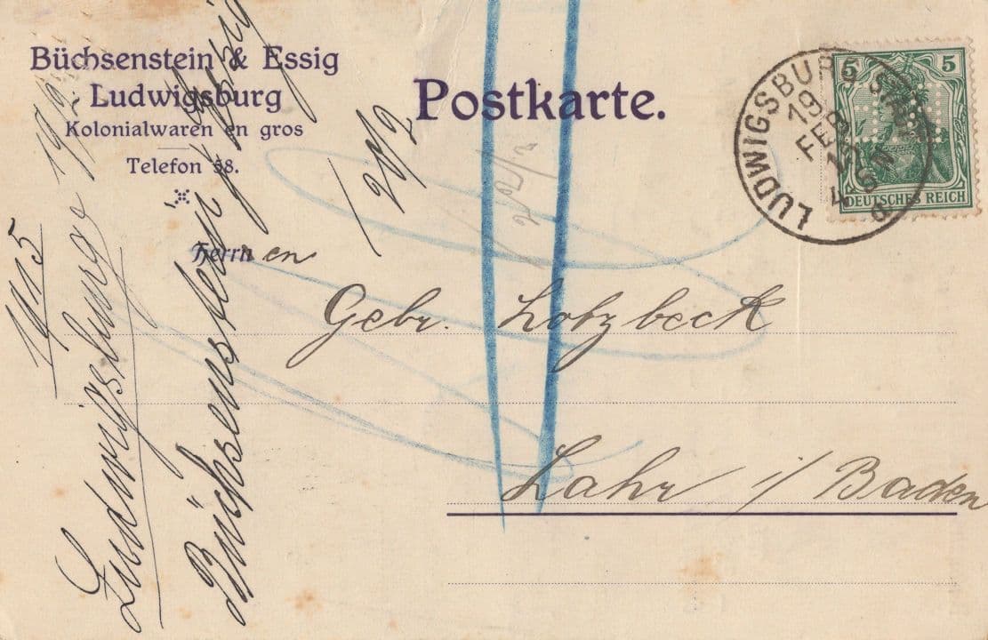 Ludwigsburg Grocery Kolonialwaren WW1 German Receipt Postcard