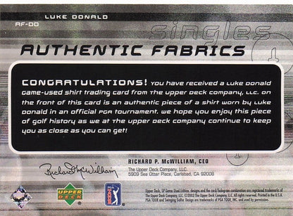 Luke Donald Authentic Fabrics Singles 2003 Golf Upper Deck Worn Shirt Card