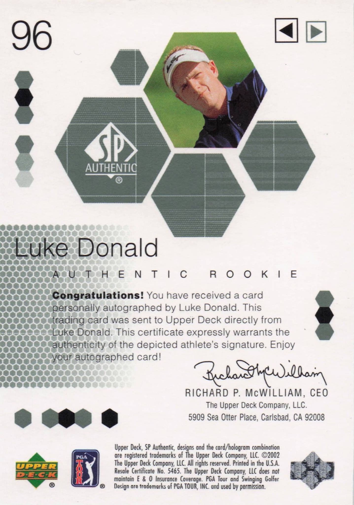 Luke Donald Authentic Rookie 2002 Golf SP Hand Signed Autograph Card