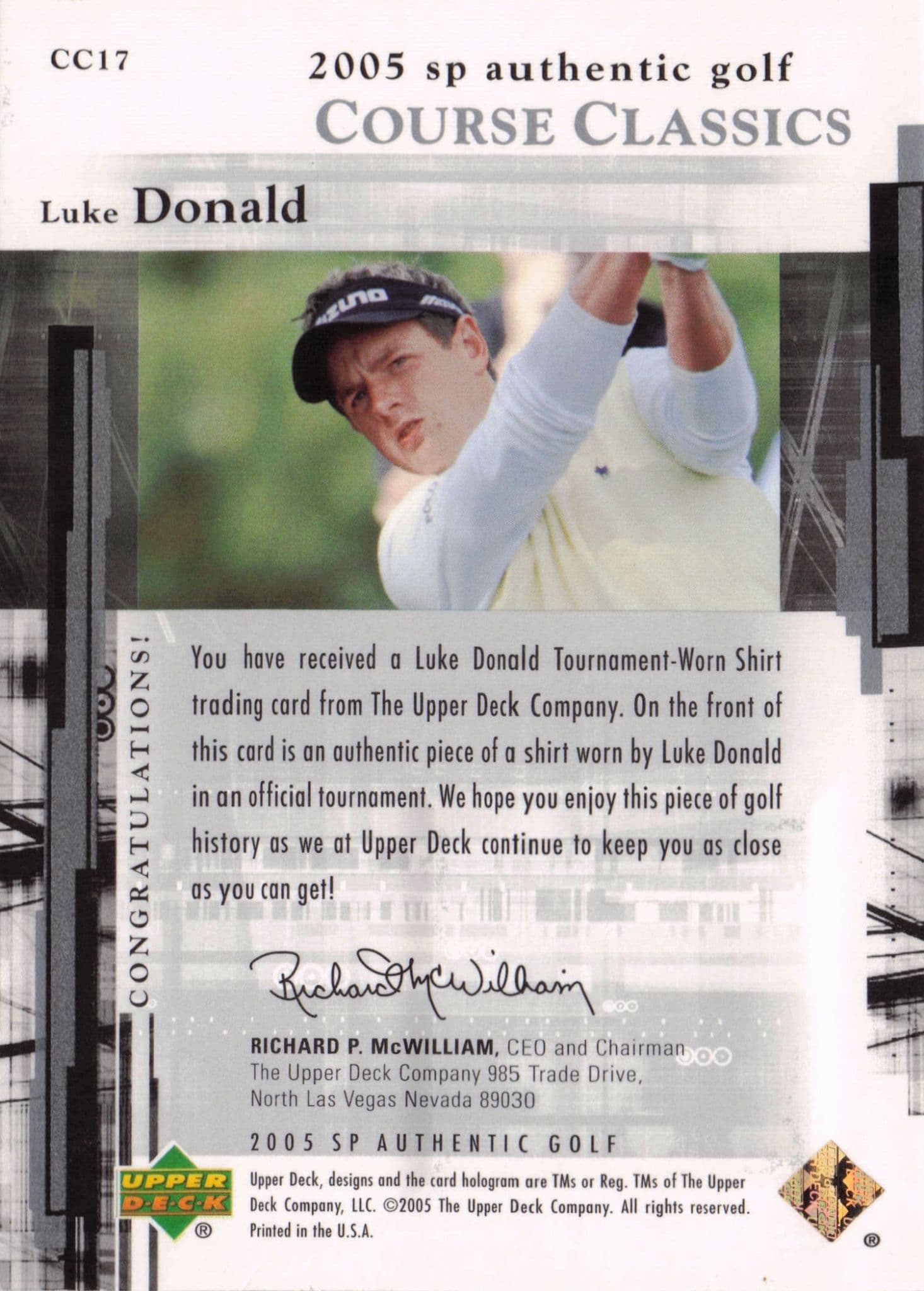 Luke Donald Course Classics 2005 Golf SP Upper Deck Worn Shirt Card