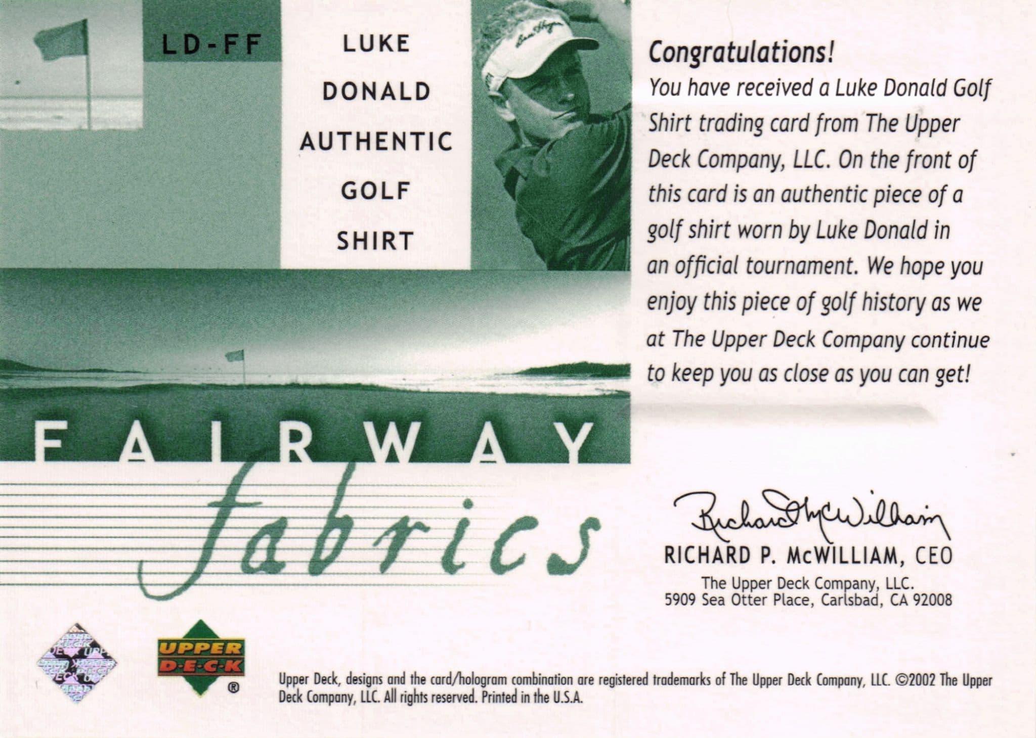 Luke Donald Fairway Fabrics 2002 Golf Upper Deck Real Worn Shirt Relic Card