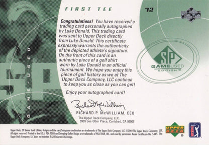 Luke Donald First Tee 2002 Golf Upper Deck Hand Signed Worn Shirt Card