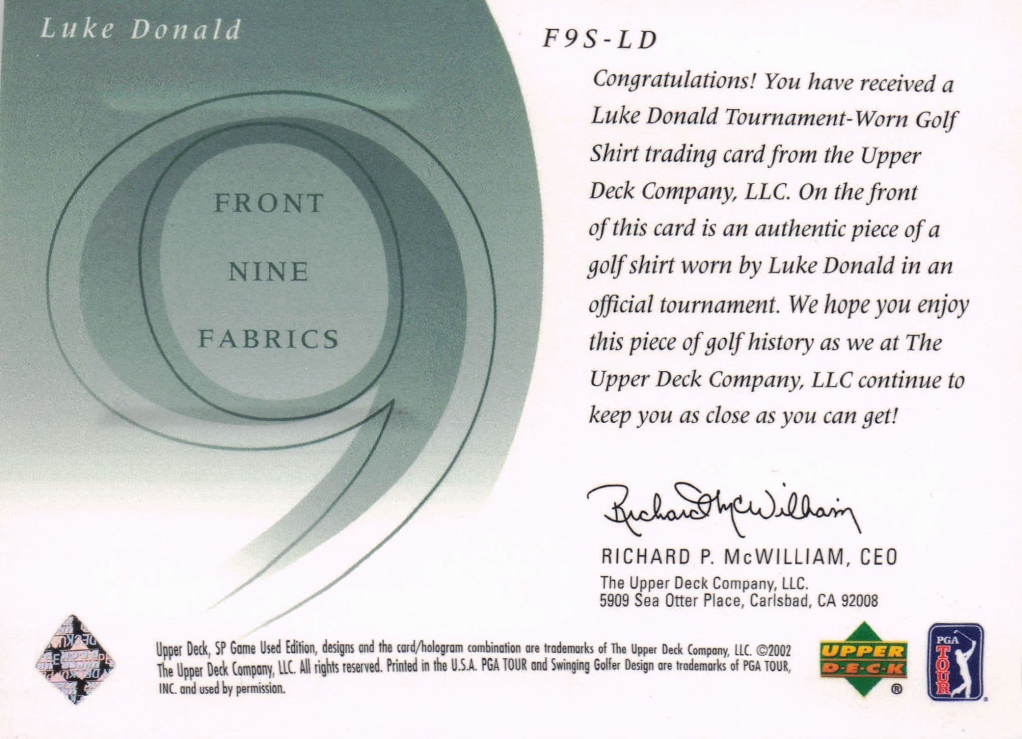 Luke Donald Front 9 Fabric 2002 Upper Deck Authentic Shirt Card